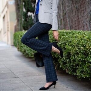 BETABRAND Navy Blue Plaid Windowpane Dress Yoga Pants Boot Cut XXL Petite